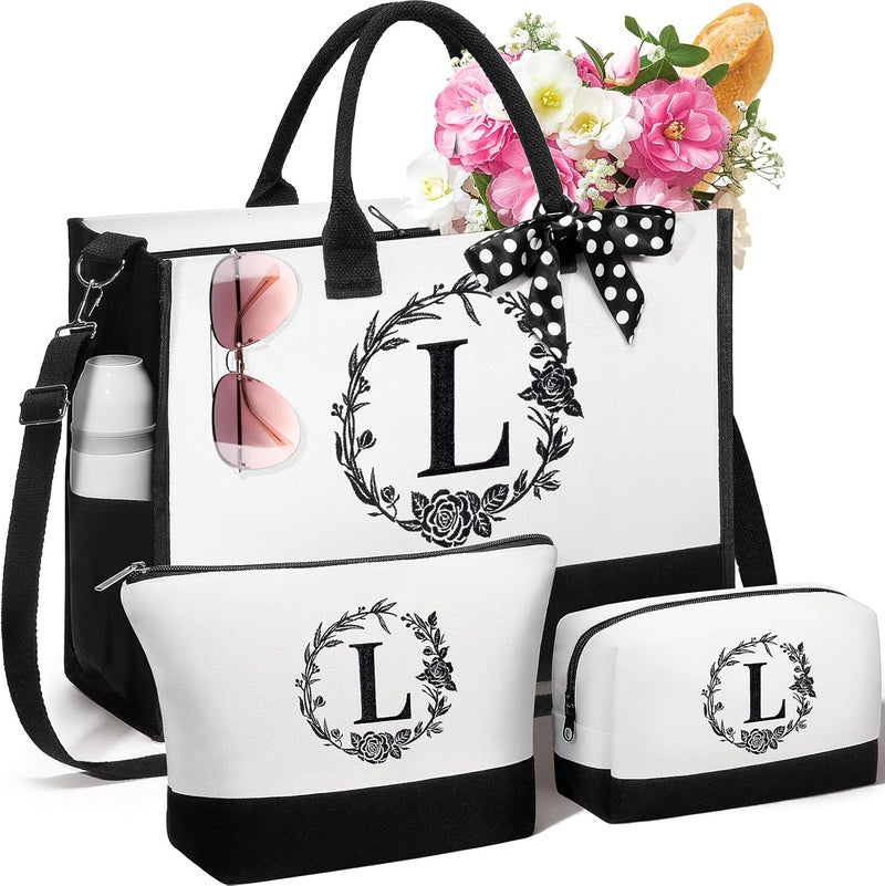 FLOE Personalized Gifts for Women, Initial Canvas Tote Bag & Makeup Bag Monogrammed Beach Tote Bags for Women w/Zipper, Valentines Day Birthday Gifts for Her Wife Girlfriend Mom Sister Best Friend Teacher - Image 1
